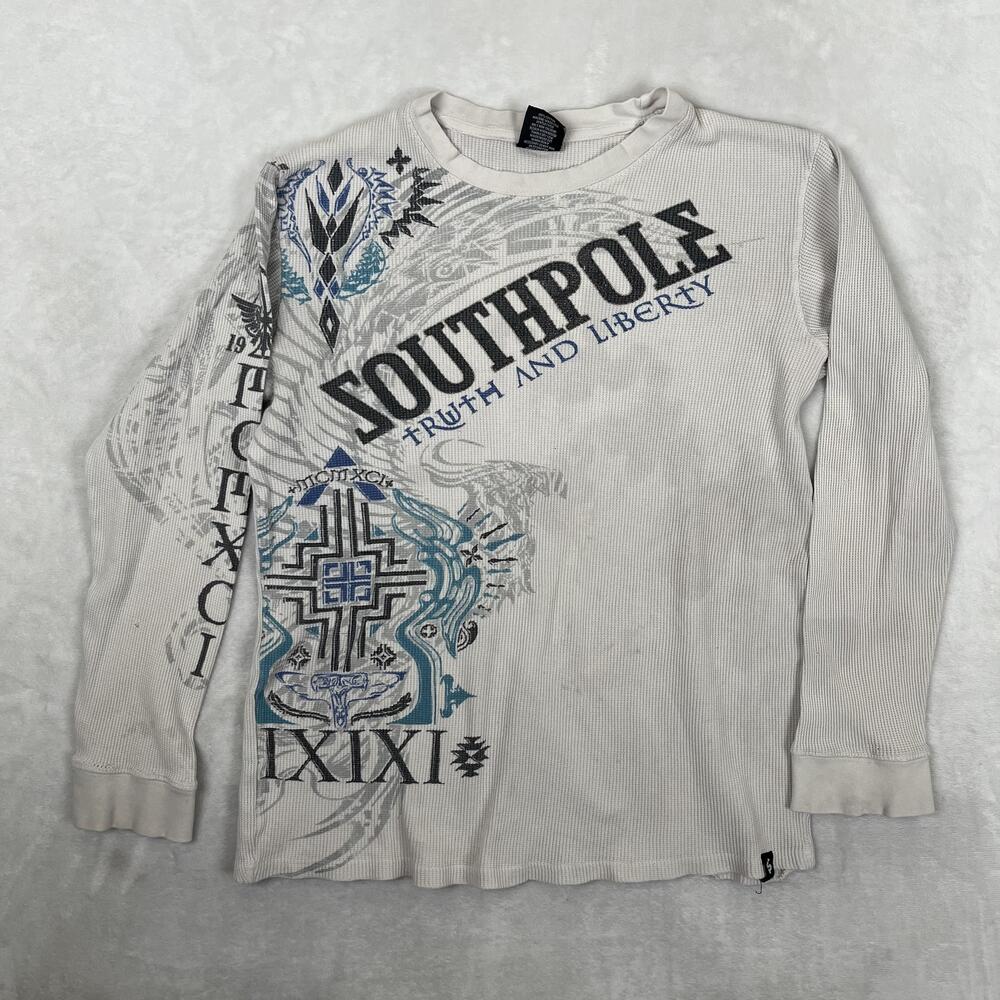 Vintage Southpole Long Sleeve Thermal T-Shirt Mens XL/2XL Beige Y2K Cyber READ
